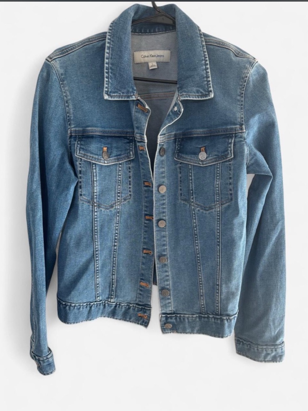 Calvin Klein Jeans Women’s Blue Denim Trucker Jacket Size Large Stretch